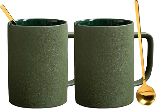 fMBB Tazas de café de porcelana esmerilada mate para restaurante con cucharas pequeñas de mango largo juego de 2 regalo para personal de oficina o