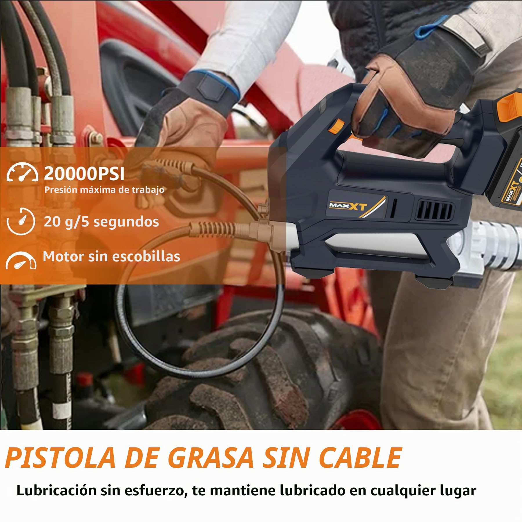 MAXXT Pistolas de Engrase 20V, Engrasadora Bateria 4.0Ah 6 Niveles Gatillo de Velocidad Variable 20000 PSI con LED y 40'' Alto Rendimiento con Mangueras, Pistola Engrasadora para Aceites Mecánicos