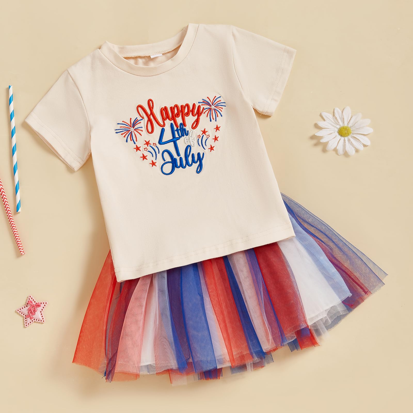 FYBITBO Toddler Baby Girl 4th Of July Outfit Short Sleeve Usa Shirt Smocked Tulle Skirt Girls Fourth Of July Clothes (Happy 4th of July, 12-18 Months)