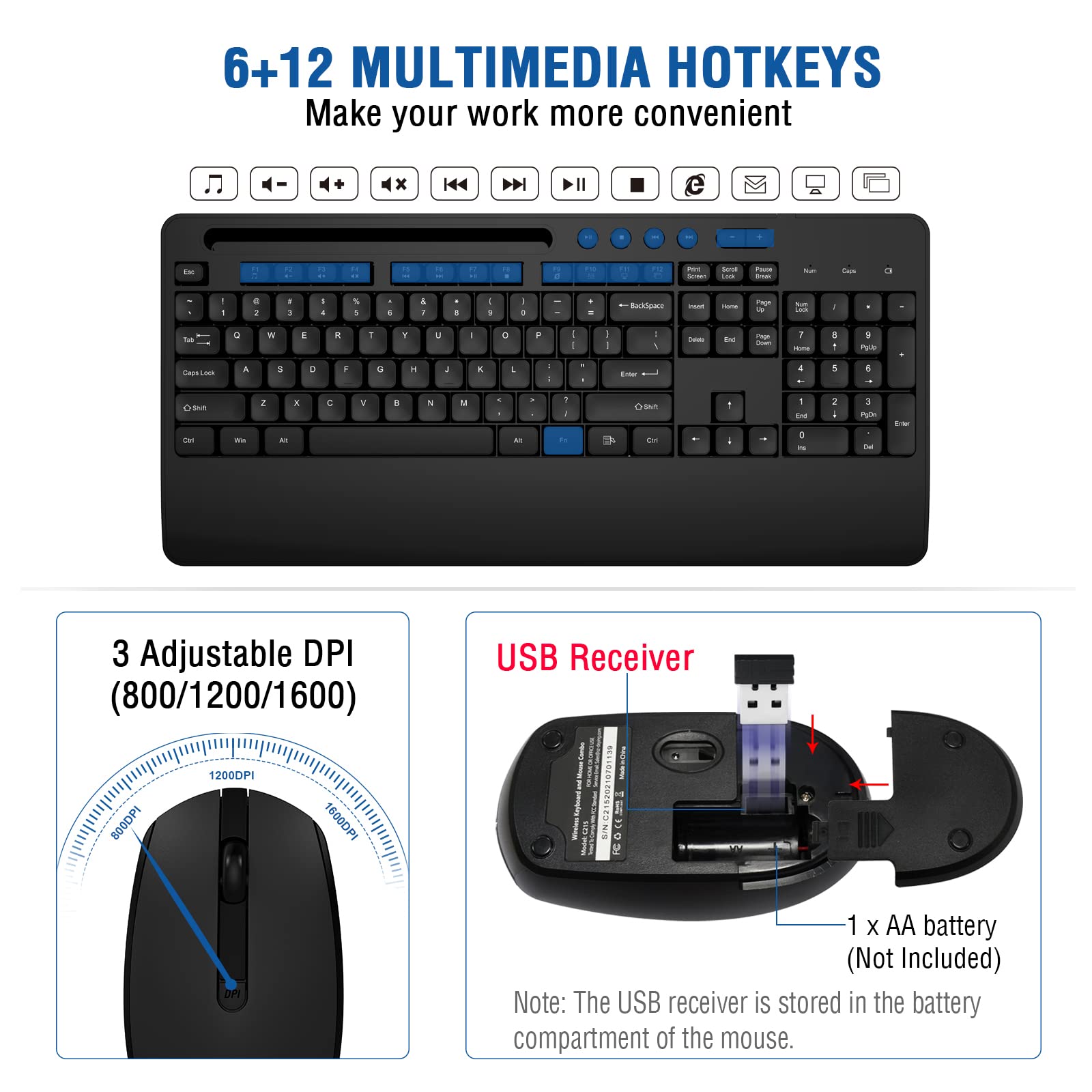 Buy Wireless Keyboard and Mouse Combo, EDJO 2.4G FullSized Ergonomic
