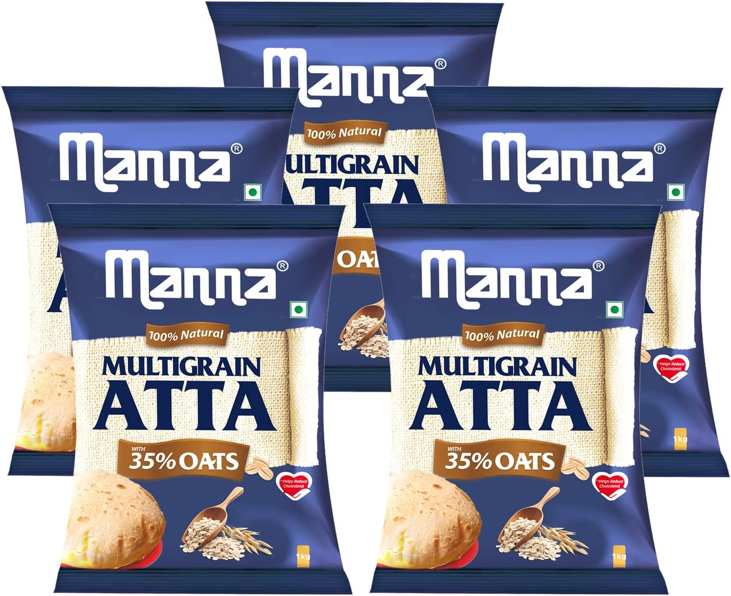 Manna Multigrain Atta with 35% Oats 5Kg, Certified Low GI, Helps Reduce Cholesterol, Diabetic Friendly Atta, 100% Natural 1Kg (Pack of 5)