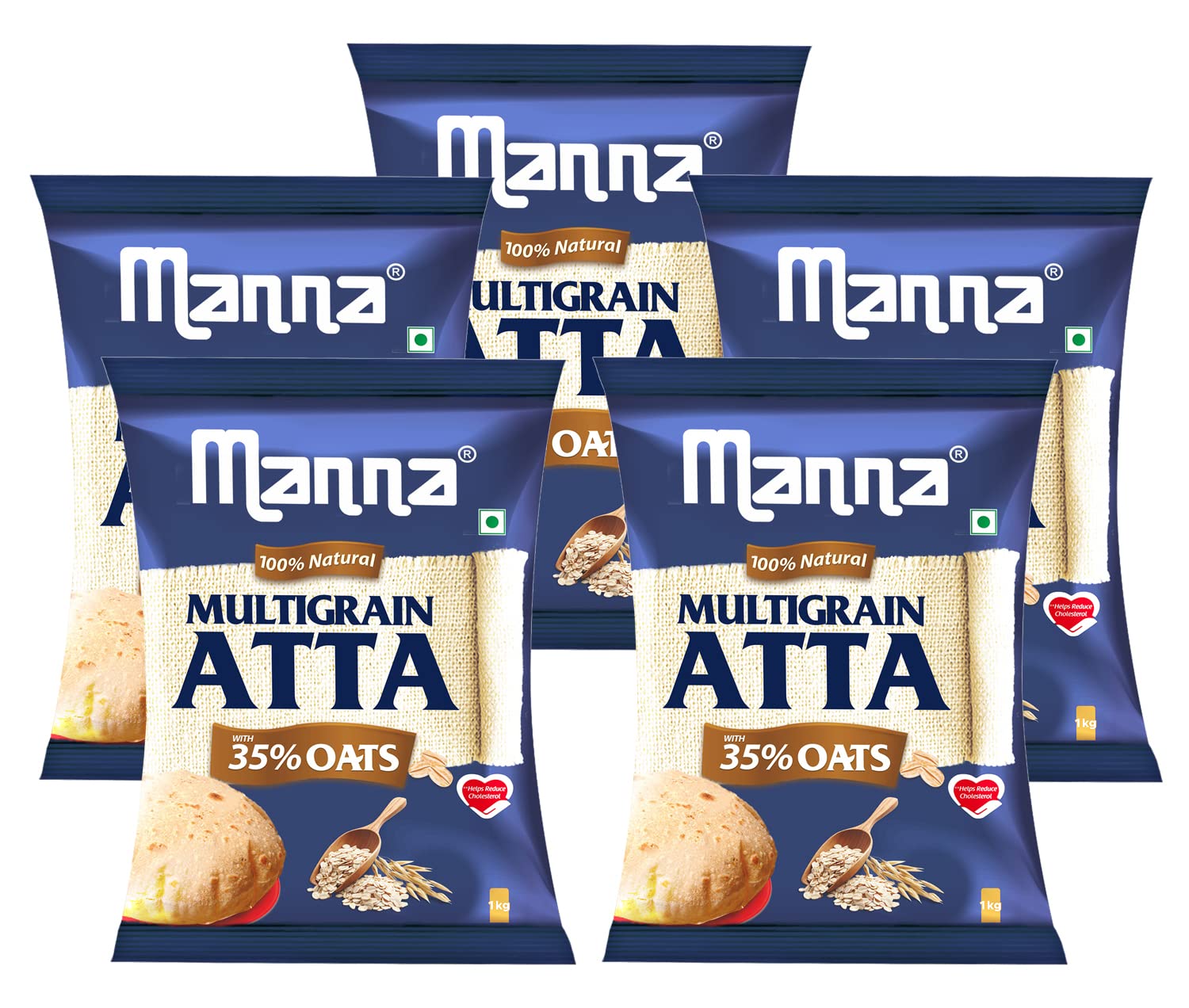 Manna Multigrain Atta with 35% Oats 5Kg, Certified Low GI, Helps Reduce Cholesterol, Diabetic Friendly Atta, 100% Natural 1Kg (Pack of 5)