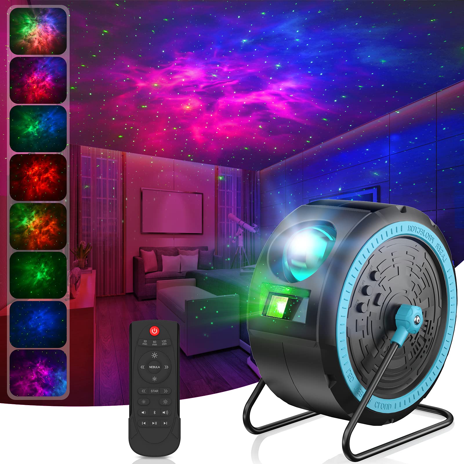 Proiettore di stelle a LED, con lettore musicale integrato, Bluetooth, luce notturna, può essere appeso e ruotato di 360°, con telecomando, per bambini e adulti, decorazione per la casa