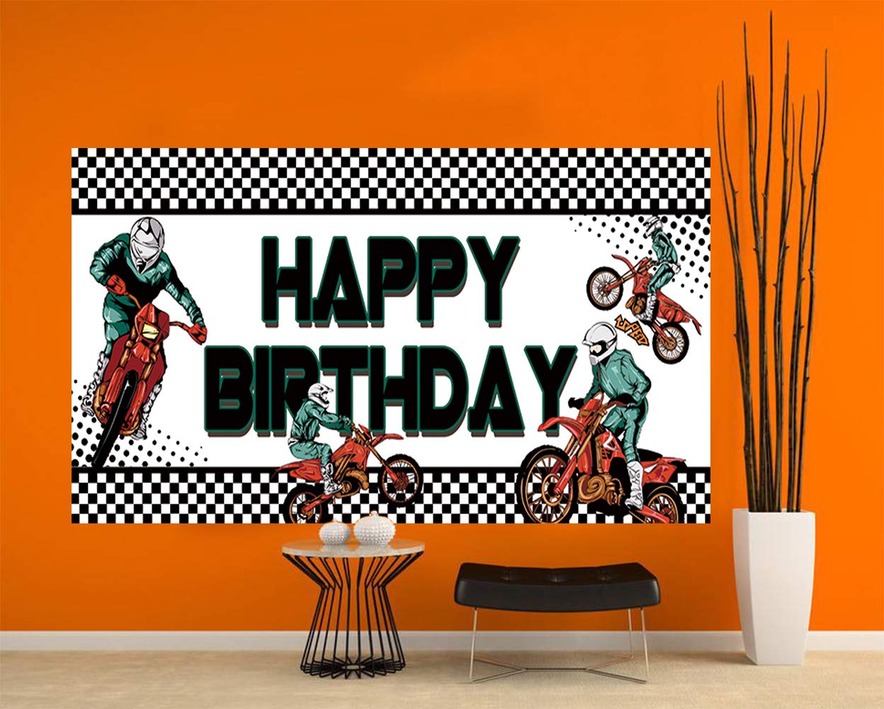 Grande bannière de motocross « Happy Birthday » | Fournitures de fête d'anniversaire motocross | Toile de fond pour fête d'anniversaire motocross – 2 x 1 m