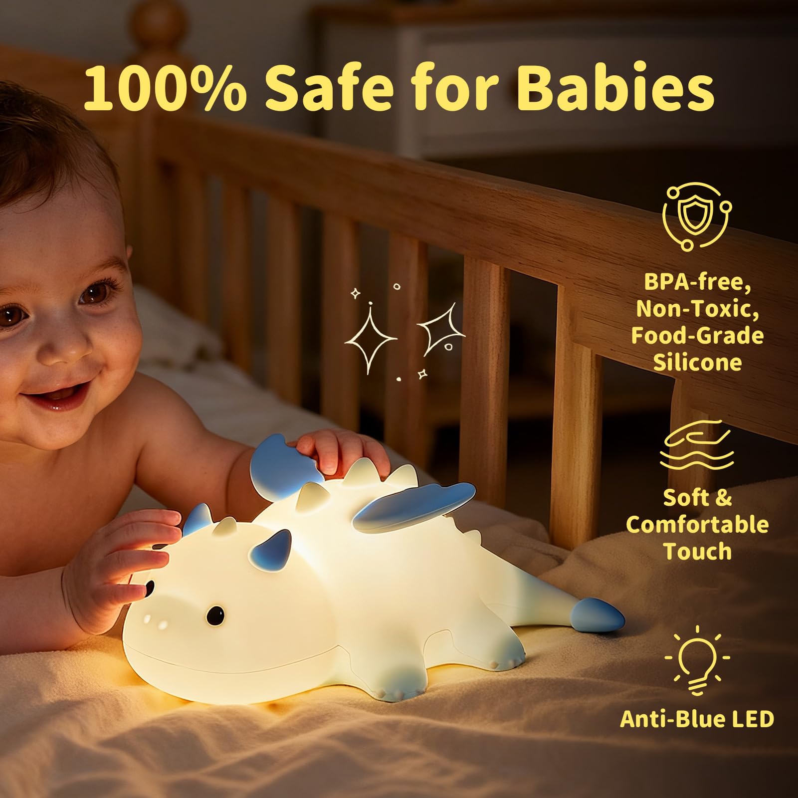 Dinosaurier-Lampe blau für Kinderzimmer, Pat Control Dragon Light zum Stillen, Silikon-Nachtlicht für Kinderzimmer, Nachttischlampe, wiederaufladbares Pat-Licht mit RGB-Modus für Schlafzimmer