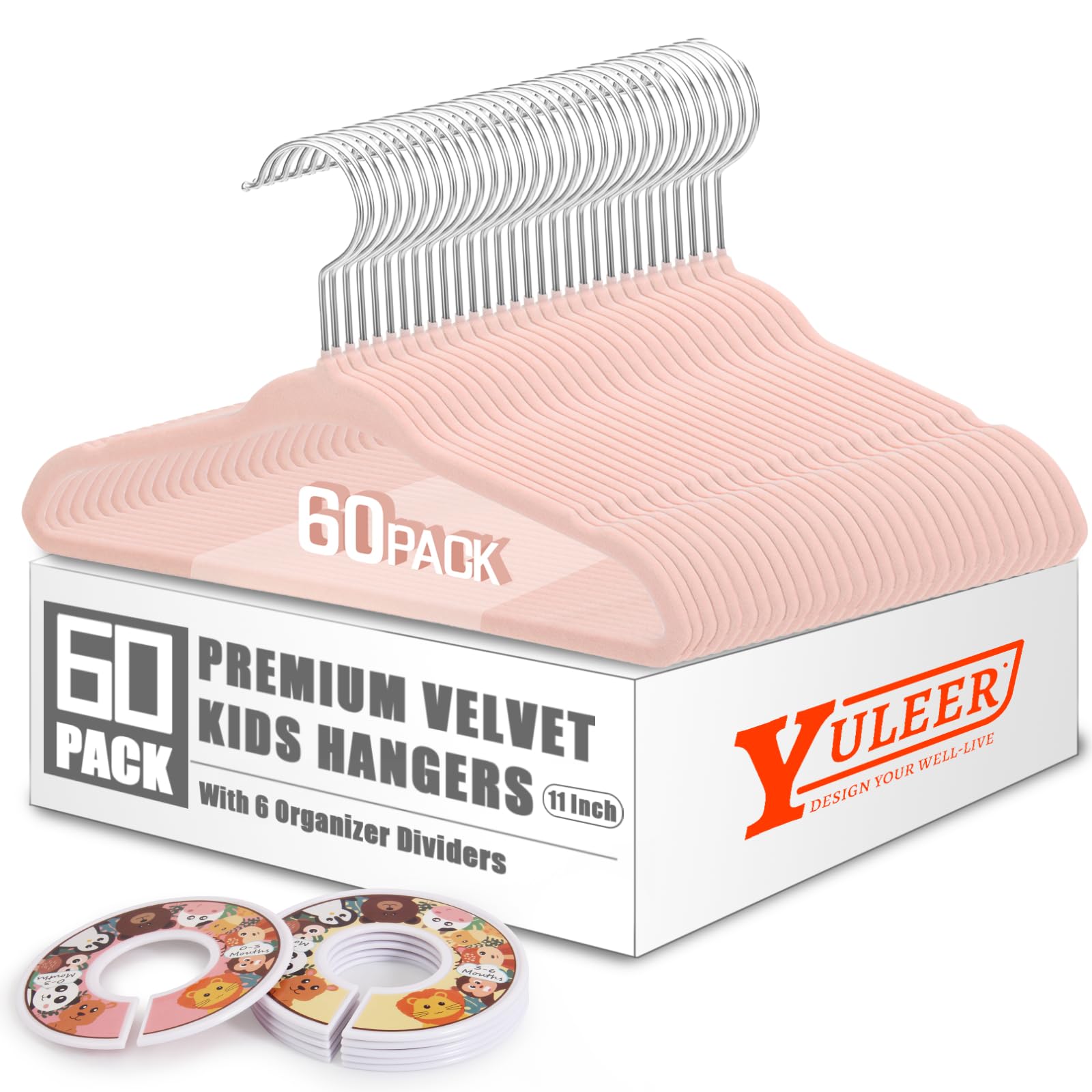 YULEER Kids Hangers 60 Pack for Closet, Baby Velvet Hangers for Toddler Small Hangers for Kids with 6 Pcs Cute Clothing Dividers, Pink