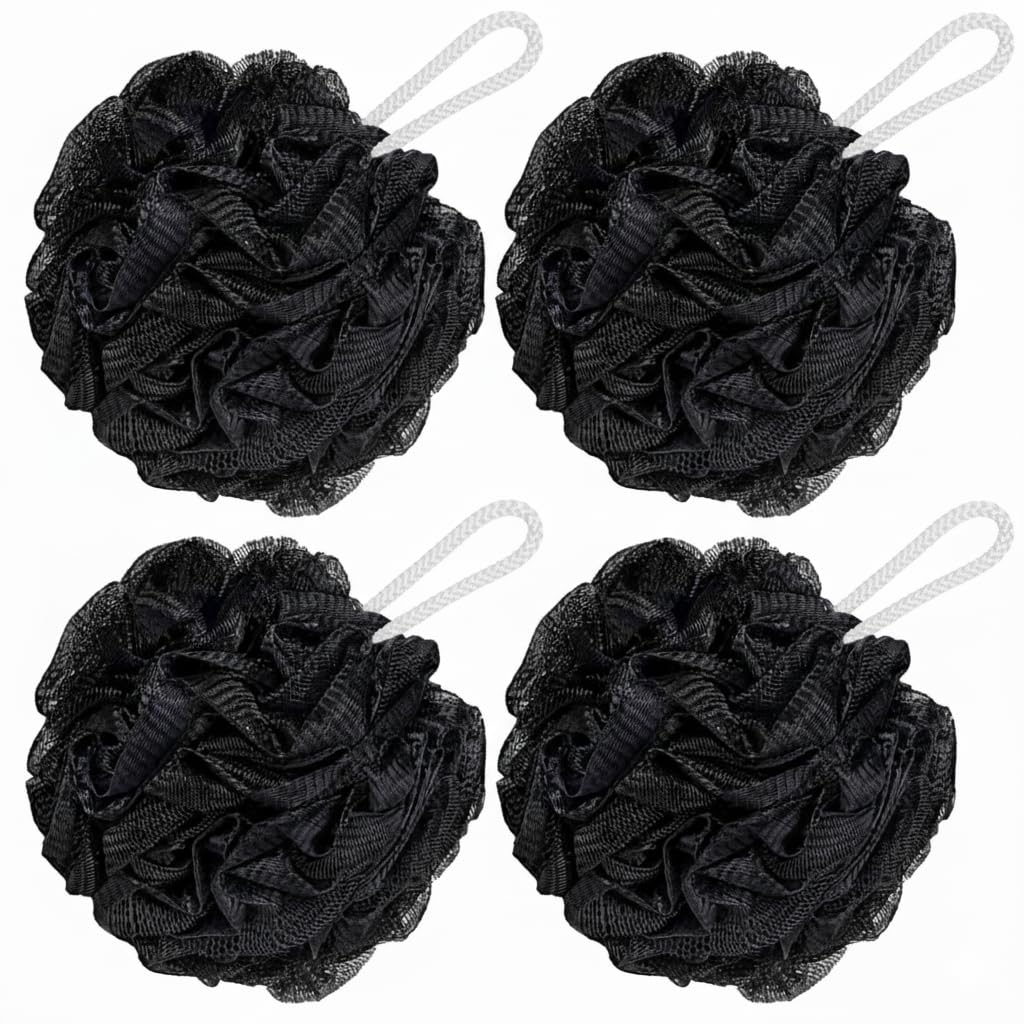 Loofah Sponge Shower Puff – 4 Pack Black Mesh Bath Sponges & Body Scrubbers | Exfoliating Shower Poufs for Men & Women, Durable Bath Puffs for Rich Lather & Gentle Cleaning