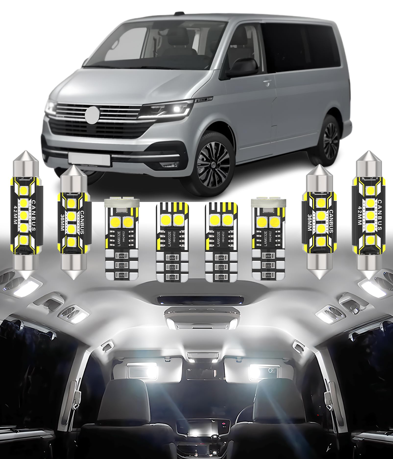 BMT xms 33pz Kit di Luci LED per Interni per Volkswagen VW Caravelle Multivan T5 T5.1 T6 2003-2018, Lampadine LED per Interni Auto e Camion 6000K Bianco Luminoso