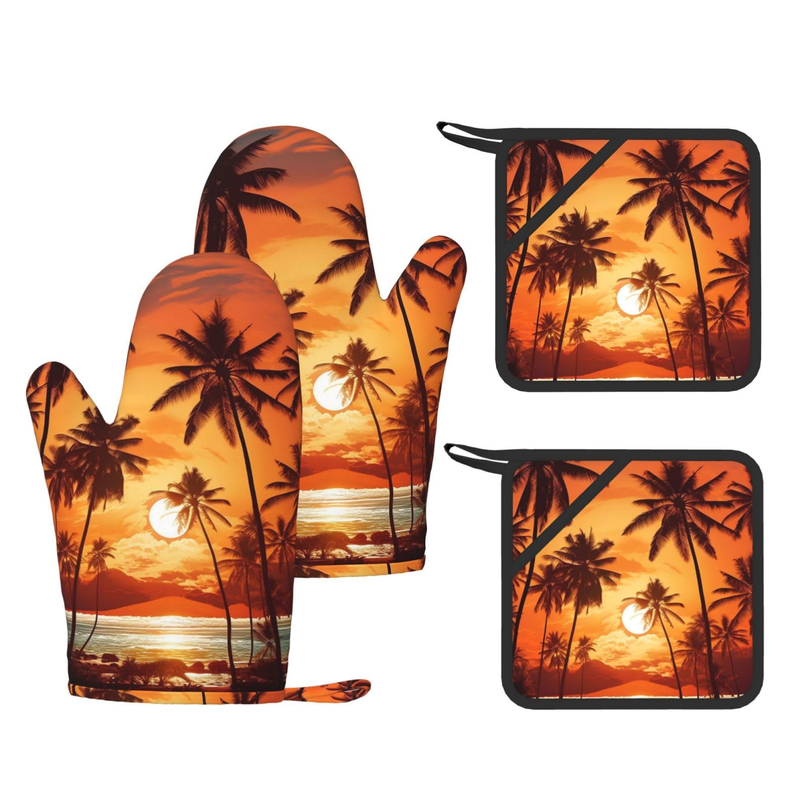 4 Pcs Kitchen Oven Mitts Palm Trees at Sunset Oven Mitts and Pot Holders Non-slip Silicone Kitchen Gloves for Cooking Baking Grilling Kitchen Essentials