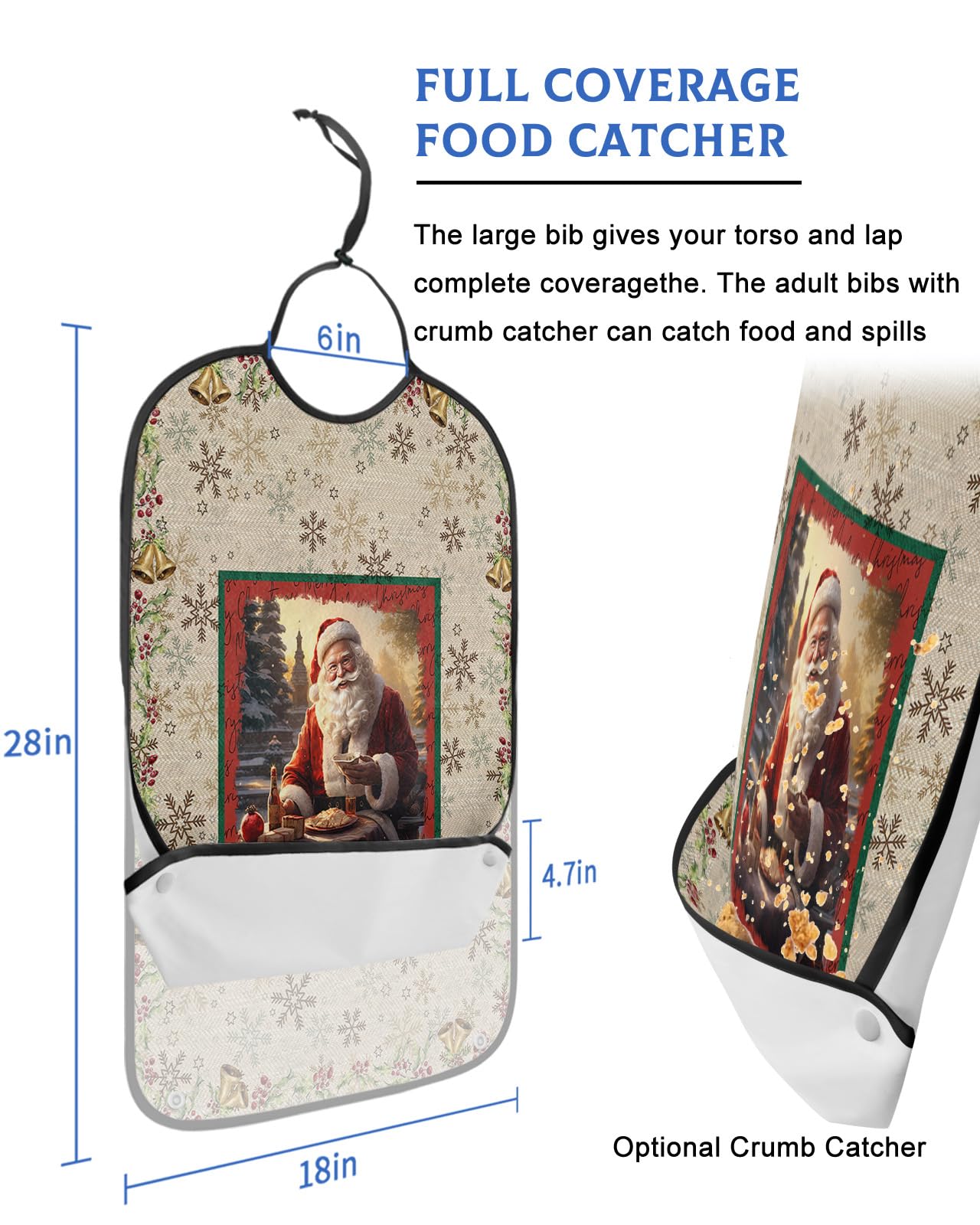 Adult Bibs for Elderly Women - Christmas Santa Waterproof Dining Clothing Protectors with Crumb Catcher for Eating/Feeding, Xmas Bells Berry Botanical Farmhouse Terry Cloth Bib Machine Washable