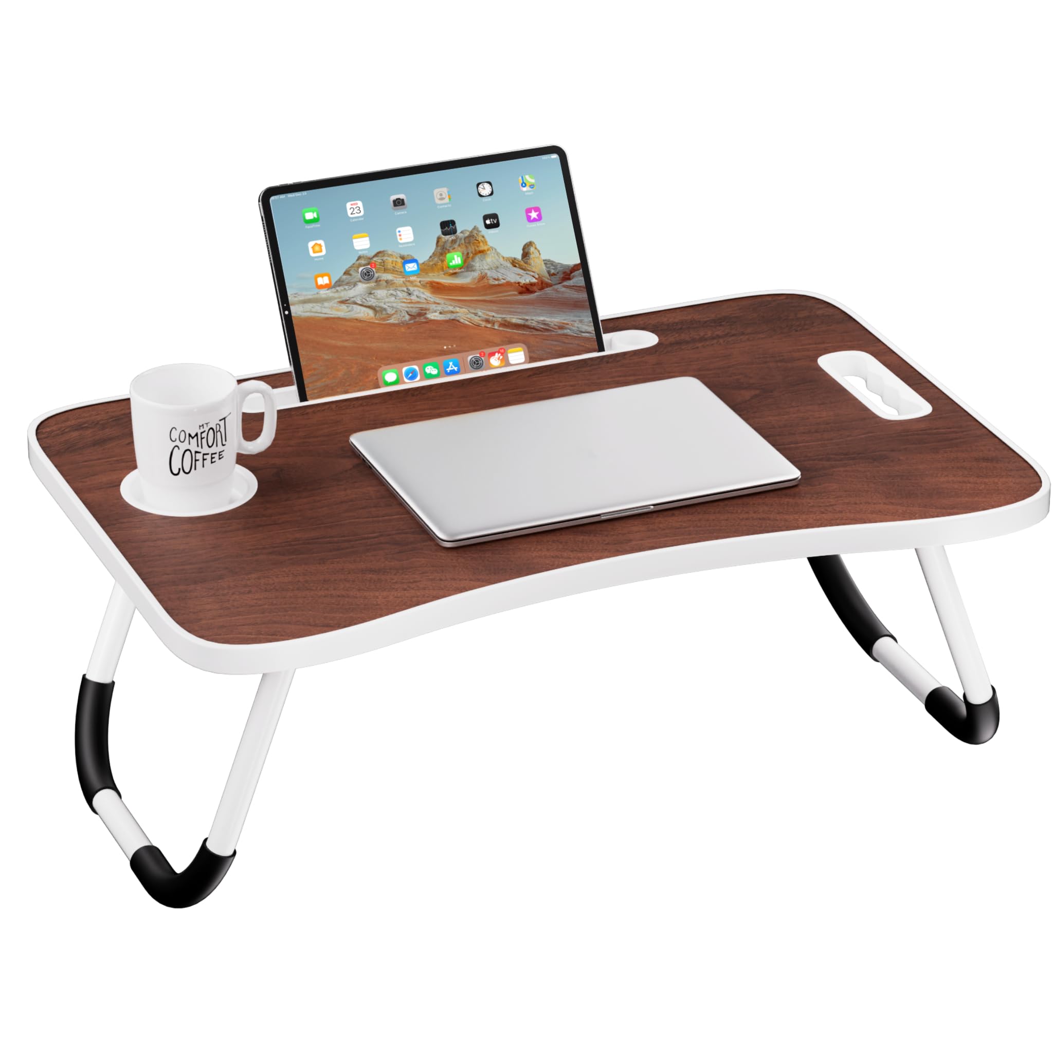 Foldable Laptop Table, Laptop Bed Tray Table for Bed, Sofa, Dinner Bed Portable Bed Tray with Sturdy Portable Cup Holder for Eating, Writing, Working, Brown
