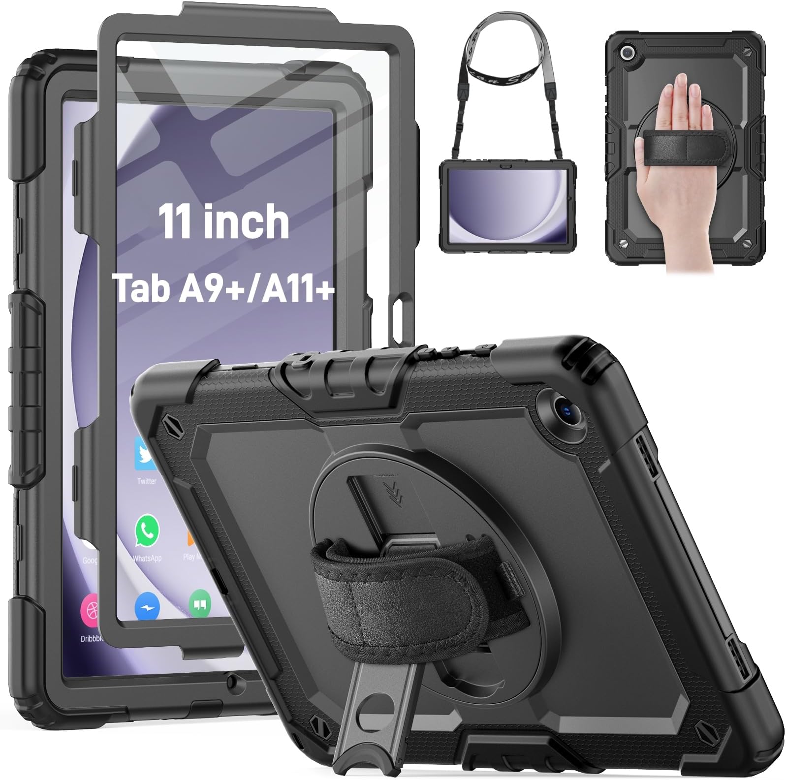HXCASEAC Case for Samsung Galaxy Tab A9+ Plus / A11+ Plus 11 Inch, Protective with Screen Protector/Hand Strap/Pen Holder, Shockproof for Samsung A9 Plus Tablet Case SM-X210 SM-X218 SM-X230 - Black