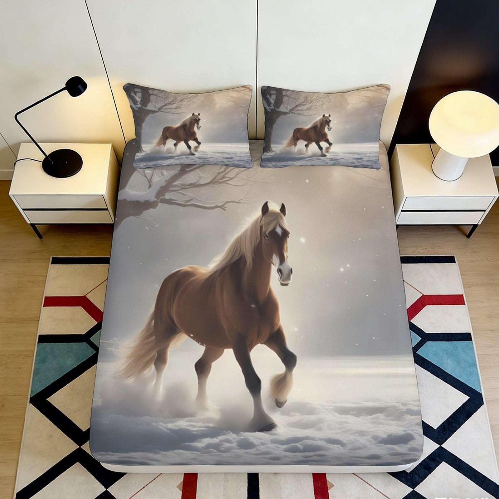 3D Printed Brown Horse in Snow Fitted Sheet Microfiber Bed Cover Anti-Slip Washable for Bedroom Guest Room Décor 120x200x25cm