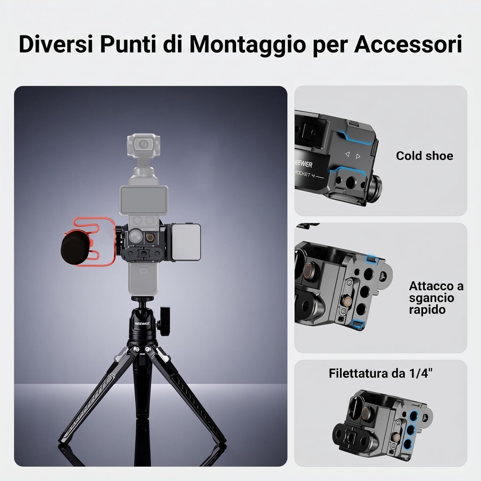 NEEWER Pocket 4 Cage, Rig Video Protettivo per Fotocamera Gimbal con Attacco Action Cam e Filetti 1/4", Nessun Montaggio Necessario, Accessori Fotografia Solo Compatibile con DJI Osmo Pocket 4,AC069