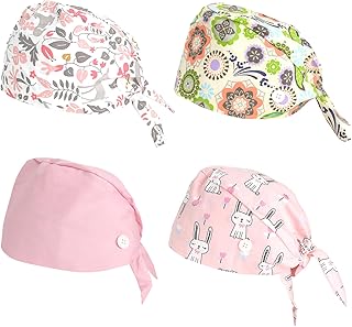OP - Conjunto de 4 gorros de algodão unissexo para homem e mulher, ajustável com fita e faixa de suor, gorro cirúrgico reutilizável para médicos, cuidados e dentistas