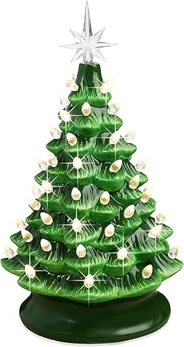 Best Choice Products Árbol de Navidad de cerámica de 15 pulgadas, árbol de Navidad pintado a mano preiluminado, 2 adornos de estrellas, 64 luces,