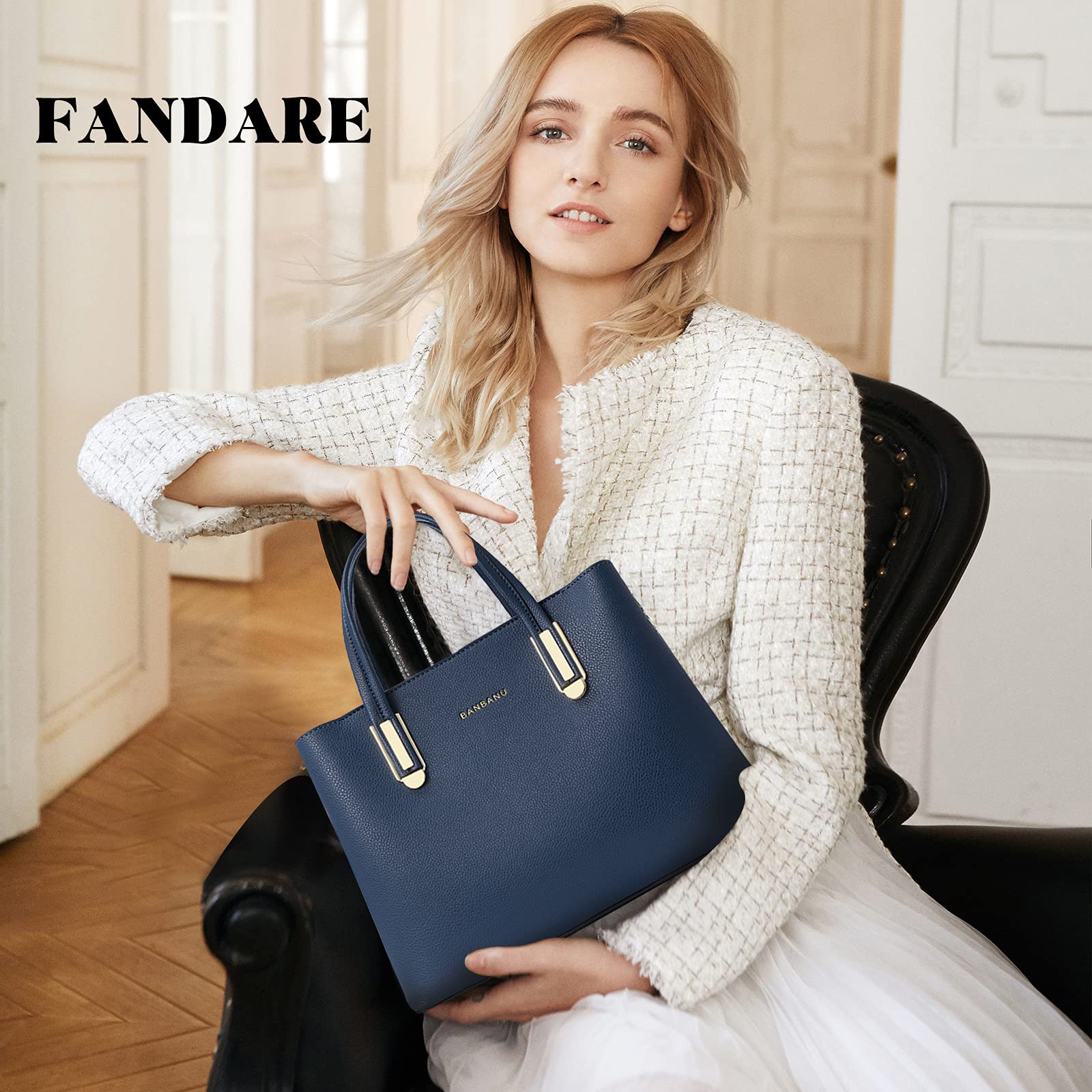 FANDARE Elegante Bolso de Mano Bolsos Cabas Mujer Bolso Bandoleras Cuero PU Impermeable Llevados Hombro Bolso De Hombro Gran Capacidad Compras Escuela Viaje, azul, large, Elegante