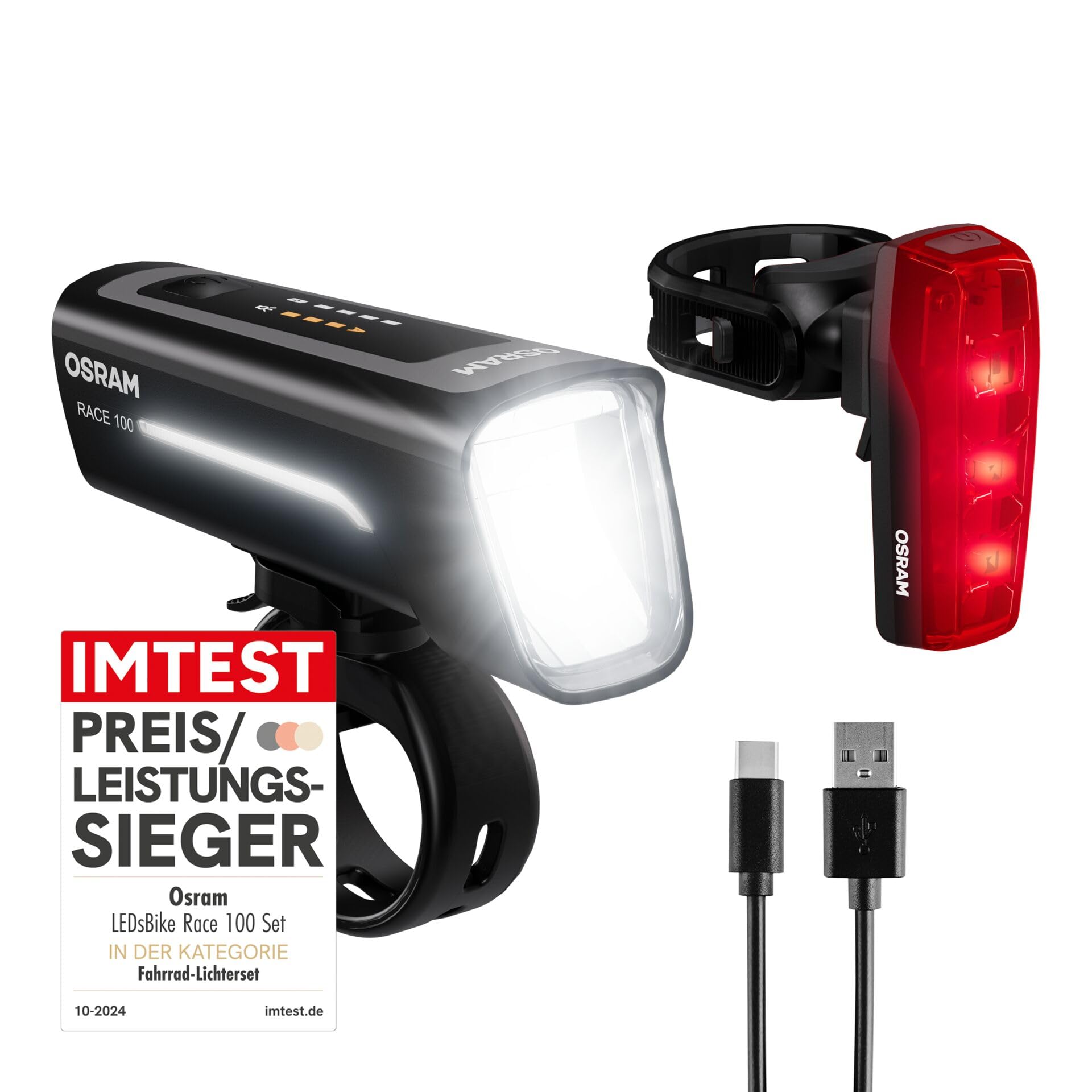 OSRAM LEDsBIKE Race 100 Set, wiederaufladbares Fahrradlichtset, StVZO-zugelassenes Front- und Rück-LED-Lichtset mit Bremslicht, Mehrere Beleuchtungsmodi, DREI Helligkeitsstufen, 100 Lux