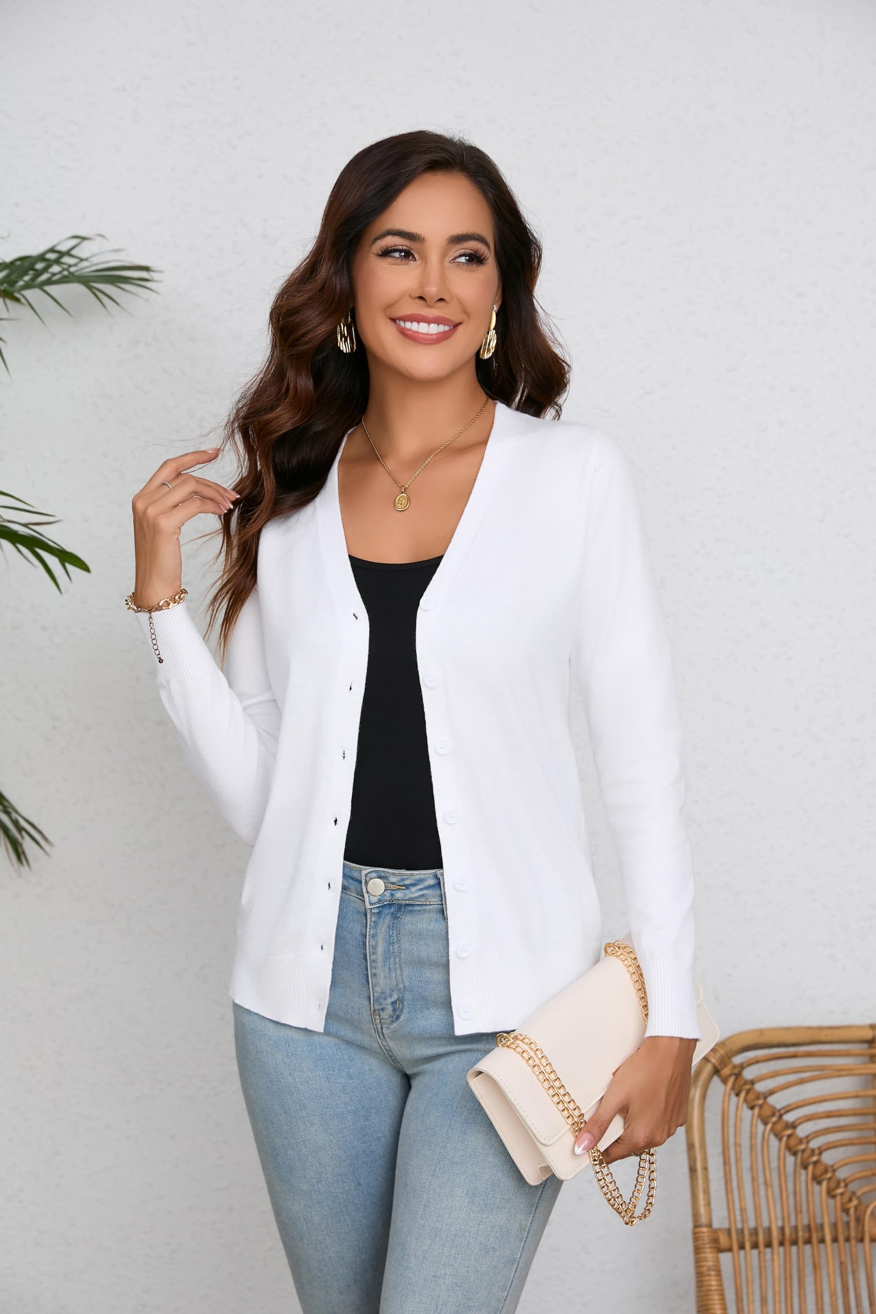 Damen Strickjacke Langarm V Ausschnitt Lang Cardigan mit Knöpfen Weiche Leichte Feinstrick Jacke für Herbst