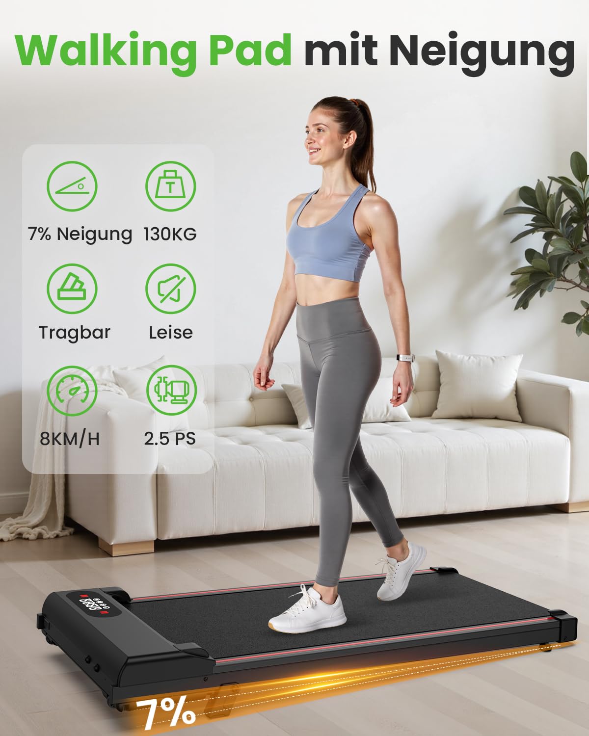 HomeFitnessCode Laufband mit Neigung für Zuhause - Walking Pad Laufpad mit Steigung Walkpad Untertisch Elektrisch 1-8 KMH Mini Walking Klein Band Gehband