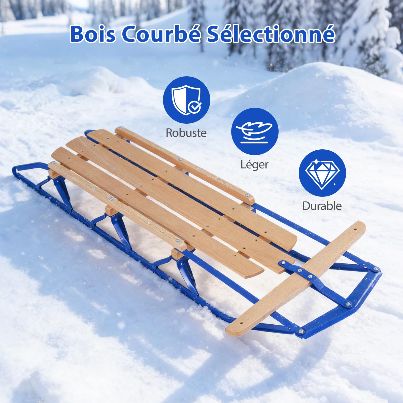 COSTWAY Luge avec Corde de Traction et Poignée, Traîneau Portable avec Direction Rail Métallique Coulissant Dossier à Double Lattes, Adaptées aux Enfants Adolescents