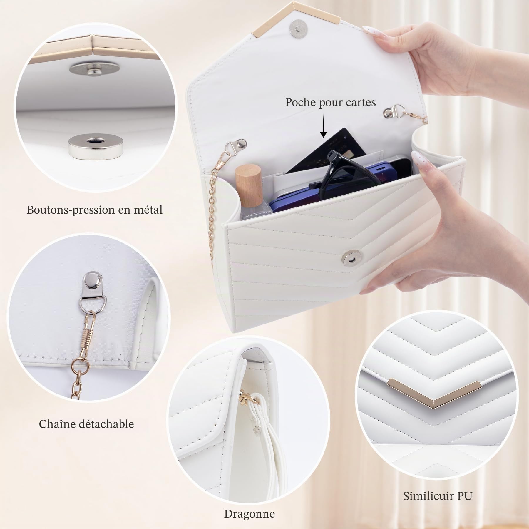 Larcenciel Pochettes et Clutches Femme avec Poignet – Sac à Main Enveloppe Élégant en Cuir avec Chaîne pour Mariage, Fête