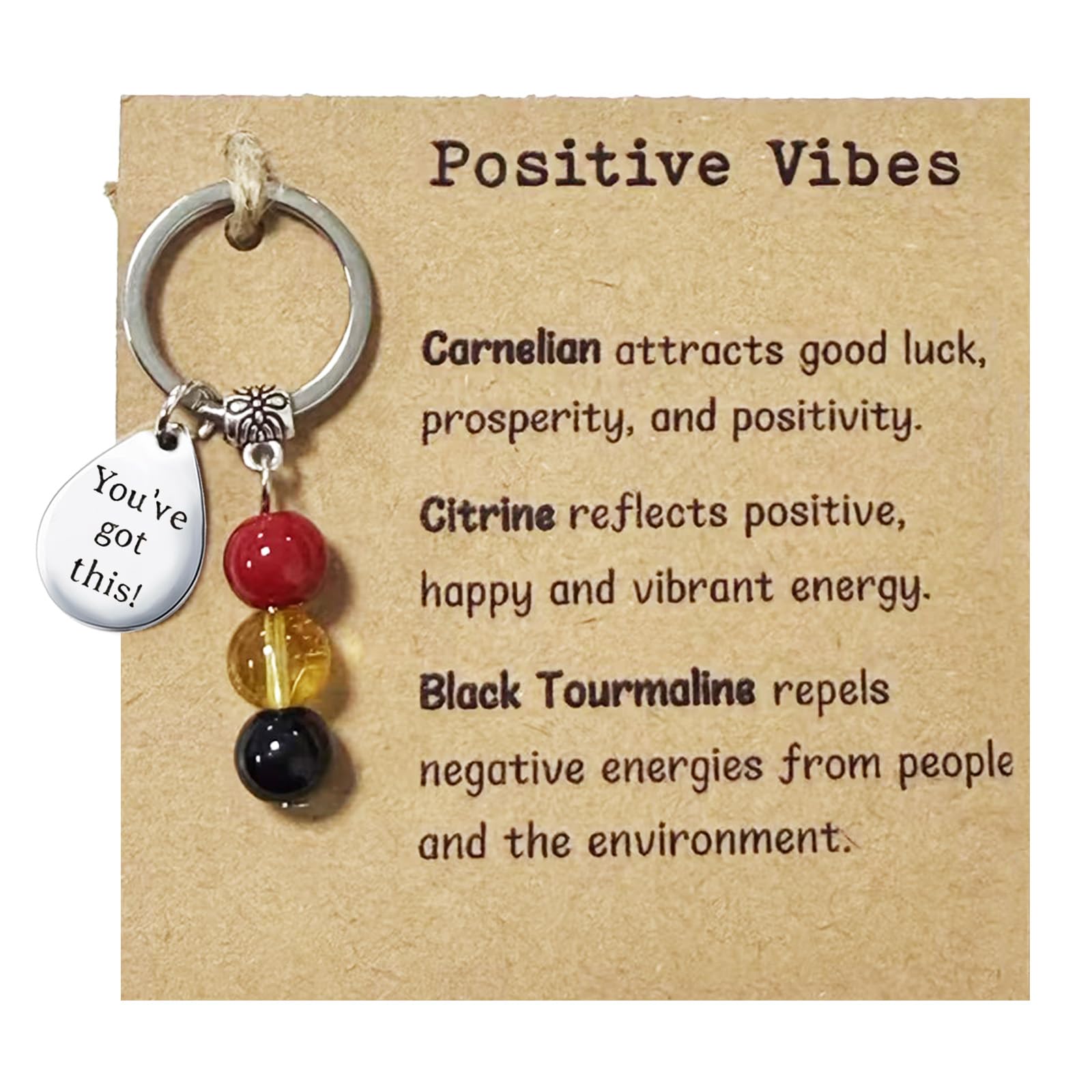 Aikobaa Women's Brown Positive Vibes Crystal Keychain For | Carnelian, Citrine & Black Tourmaline Good Luck Charm | Keyring With Inspirational “You‘ve Got This” Tag | Uplifting Gift For Friend, New Beginnings