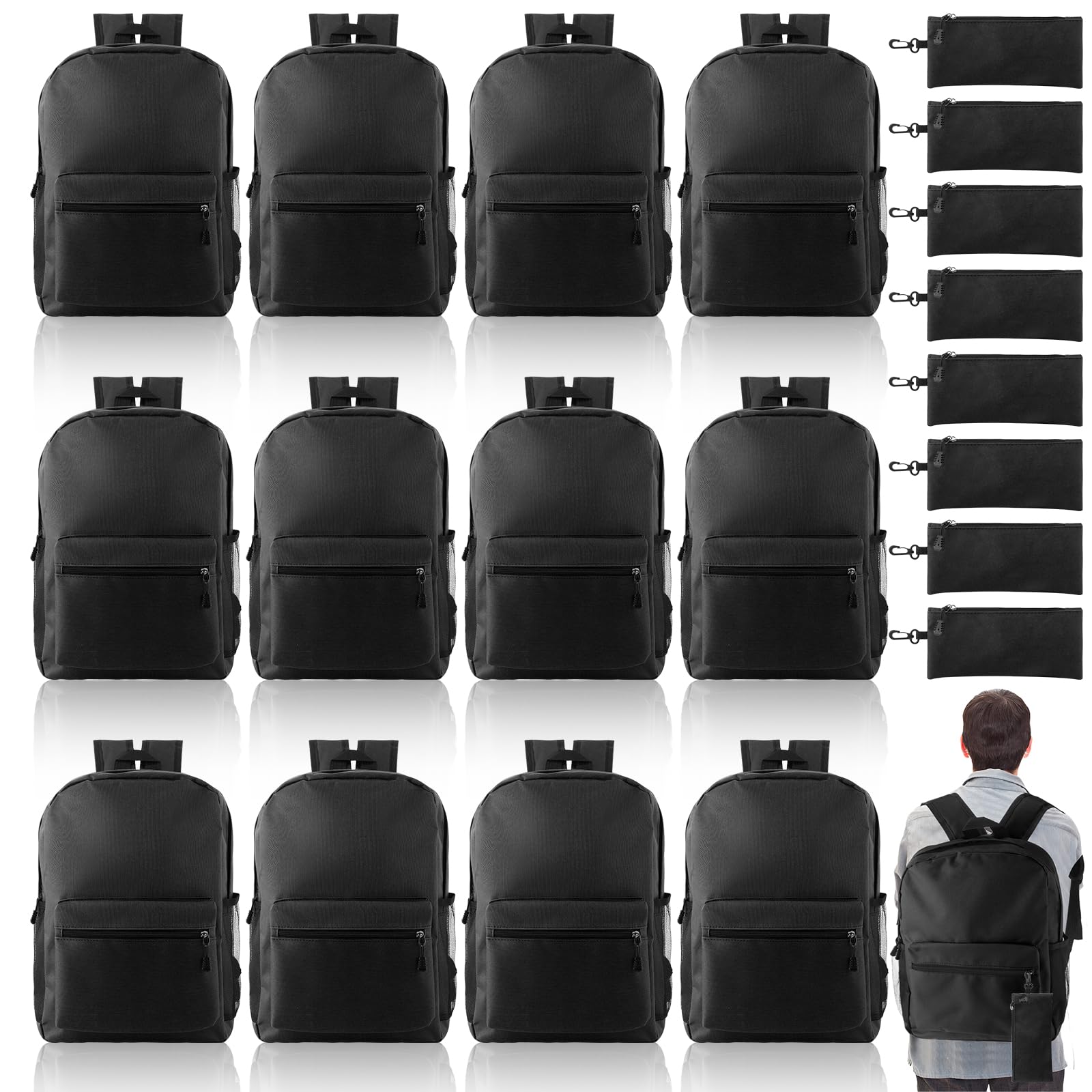 Silkfly 12 mochilas escolares con 12 estuches con cremallera para lápices de 15.7 pulgadas, bolsas ligeras para libros a granel para el regreso a la escuela
