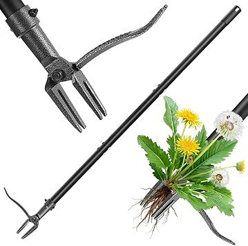 Stand Up Weed Puller Tool, 46" Adjustable Long Handle with 4-Claw Steel Head, Heavy Duty Weeder for Effortless Root Removal, No Bending or Kneeling