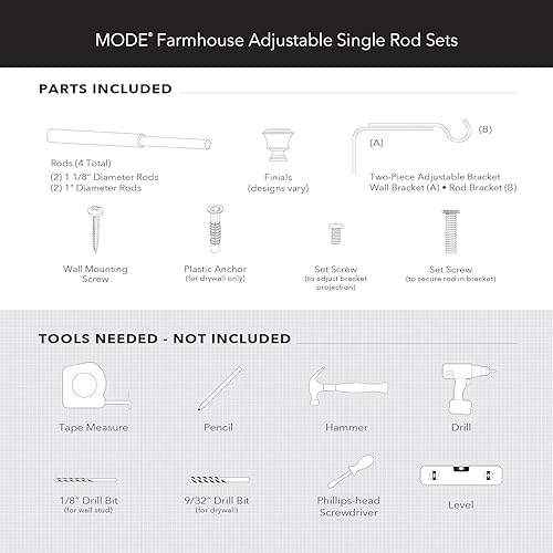 Miniatura 5 de MODE Farmhouse Collection - Juego de 2 barras de cortina, de acero de 1 18 pulgadas de diámetro, para montar en la pared, ajustables con remates de