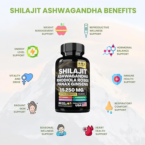 Miniatura 6 de Shilajit Ashwagandha Capsules, multivitamínico de hierbas 8 en 1 para hombres y mujeres, con Rhodiola Rosea, cúrcuma de ginseng, extracto de hongos,