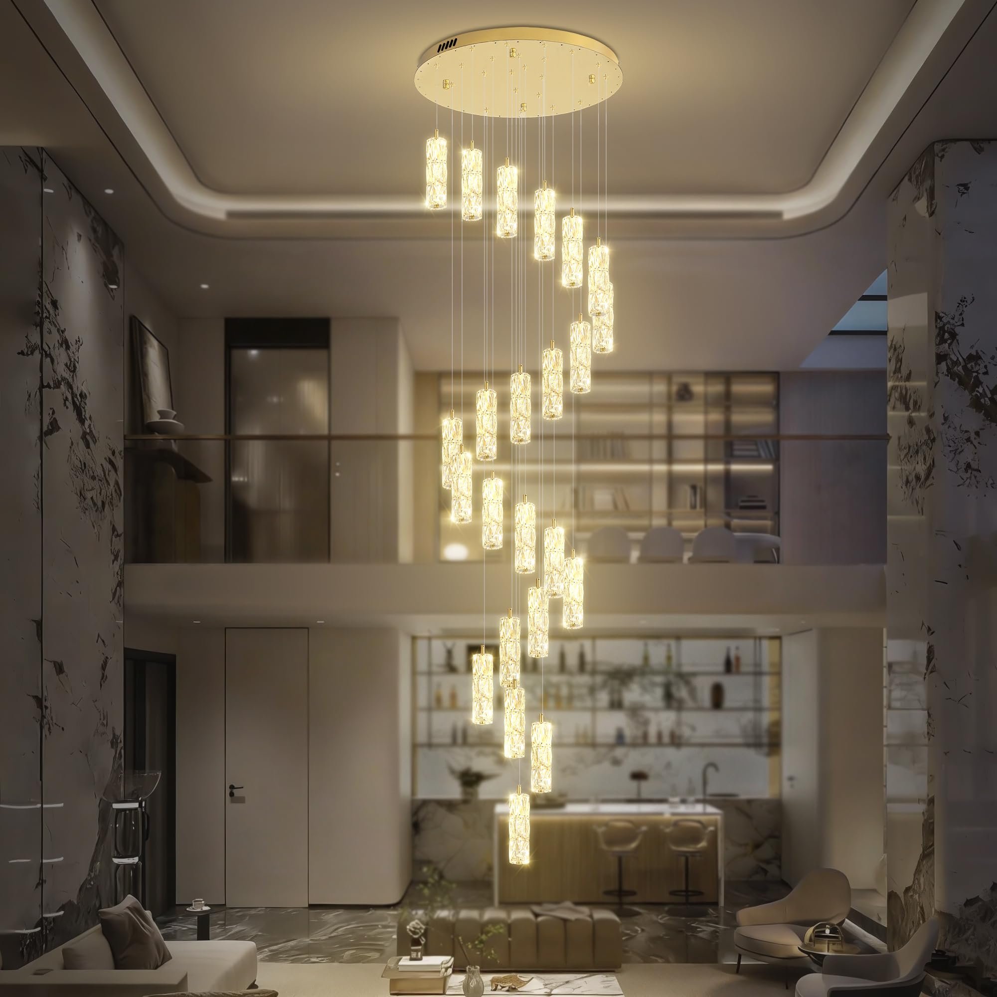 Modern Crystal Chandelier 24-Lights Gold Chandeliers Lighting Fixture High Ceiling Chandelier Suitable for Living Room Staircase Villa