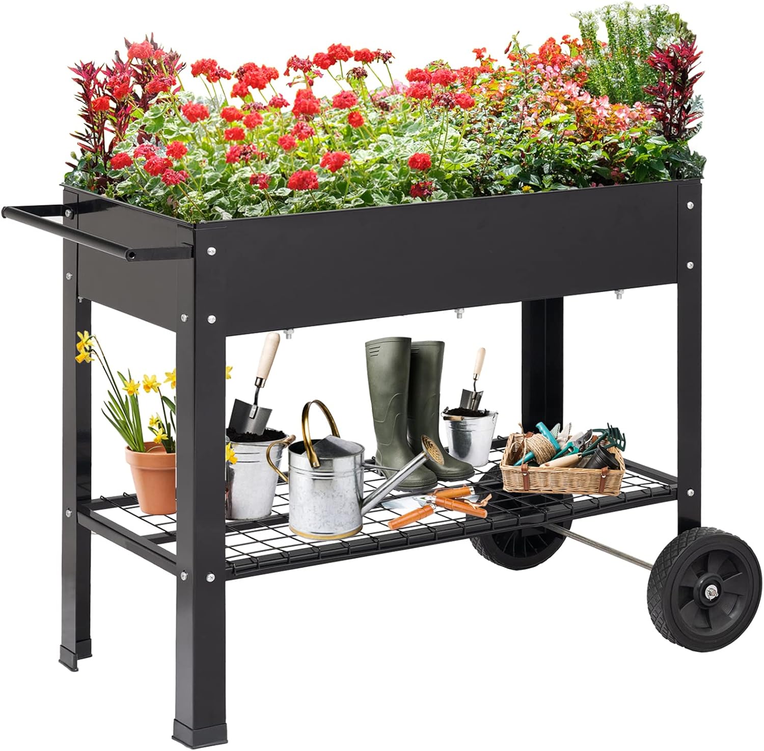 Outdoor Raised Garden Bed on Wheels with Legs, 32'' Tall Elevated Planter Boxes Movable Patio Flower Container for Vegetables Herb Black CBHT0010BK Raised Garden Bed with Legs