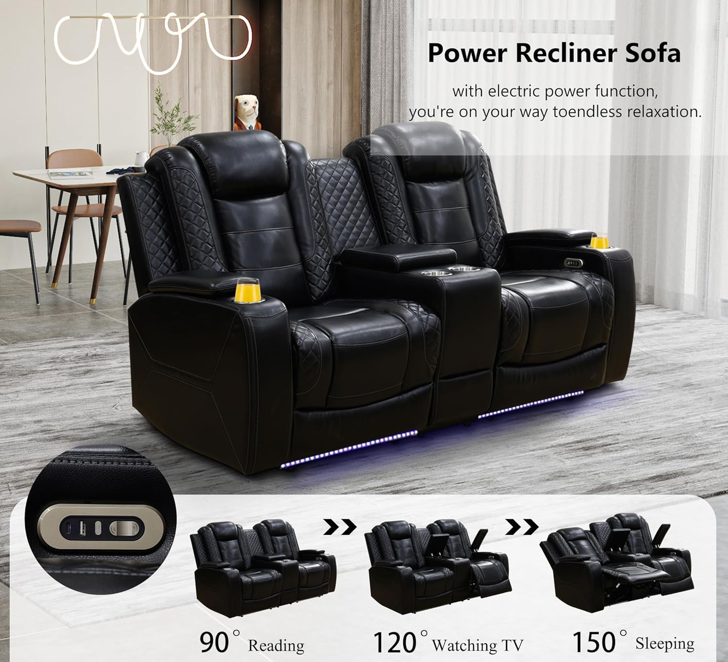 Power Reclining Sectional Sofa Set, Living Room Furniture Sets, Breathing Leather Sectional Couch and Loveseat with 4 Recliners, LED Light, USB Charging Port & Storage for House/Home Theater view 7