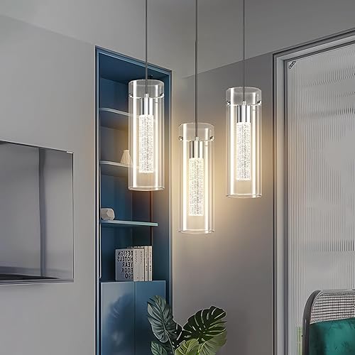 Miniatura 4 de Aipsun Luces colgantes para isla de cocina, paquete de 3 lámparas colgantes de cristal con burbujas de cristal, 3000 K, lámpara LED moderna para