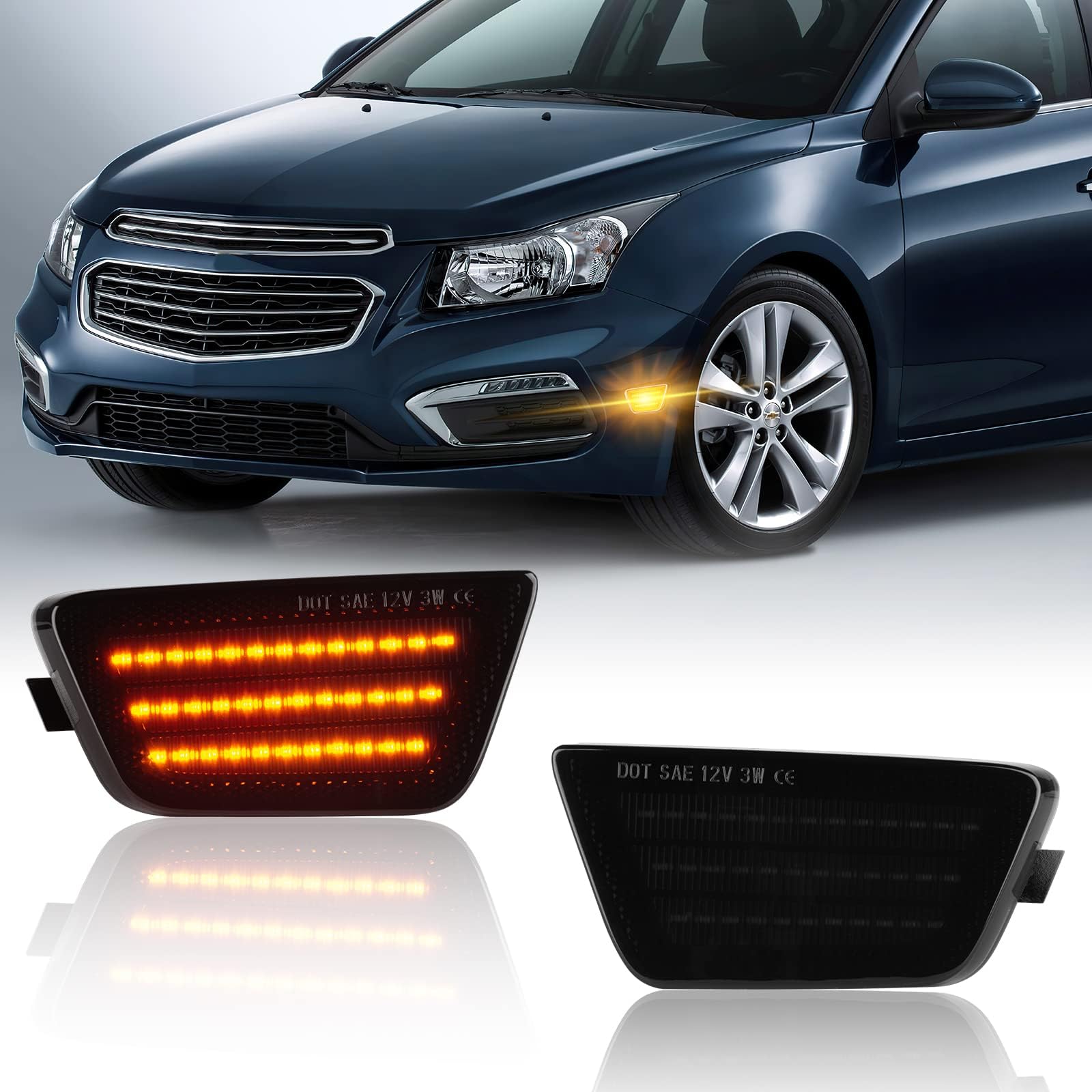 GemproLed Side Marker Light Assembly for Chevy Cruze 2011-2015 Driver and Passenger Side Blinker Lamps 2pcs (Smoked Len)