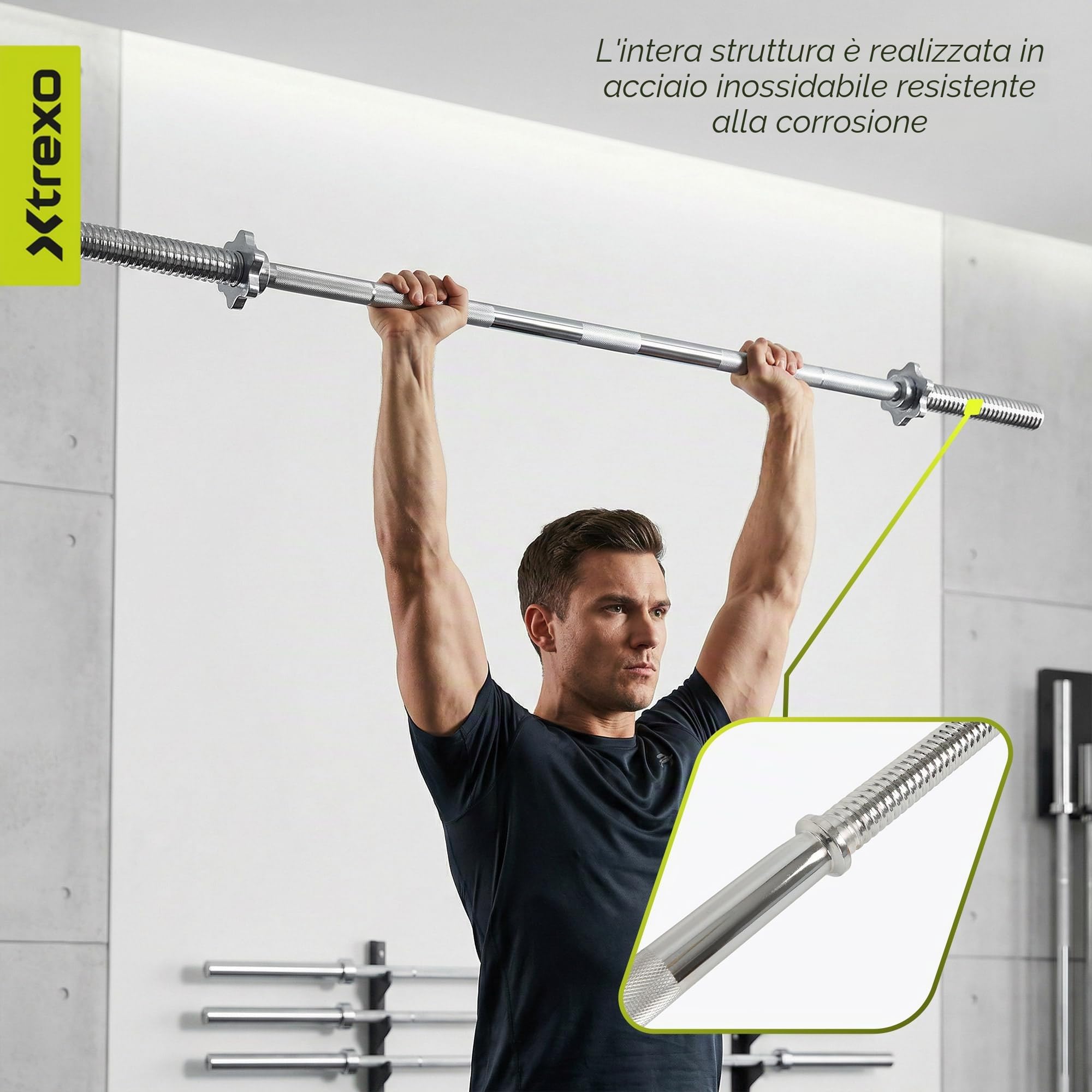 XTREXO TX bilanciere 180 cm – 8,7 kg, capacità di carico 140 kg, diametro 28 mm, acciaio al carbonio, zigrinatura, chiusure a stella, per allenamento di forza a casa, panca, squat, canottaggio