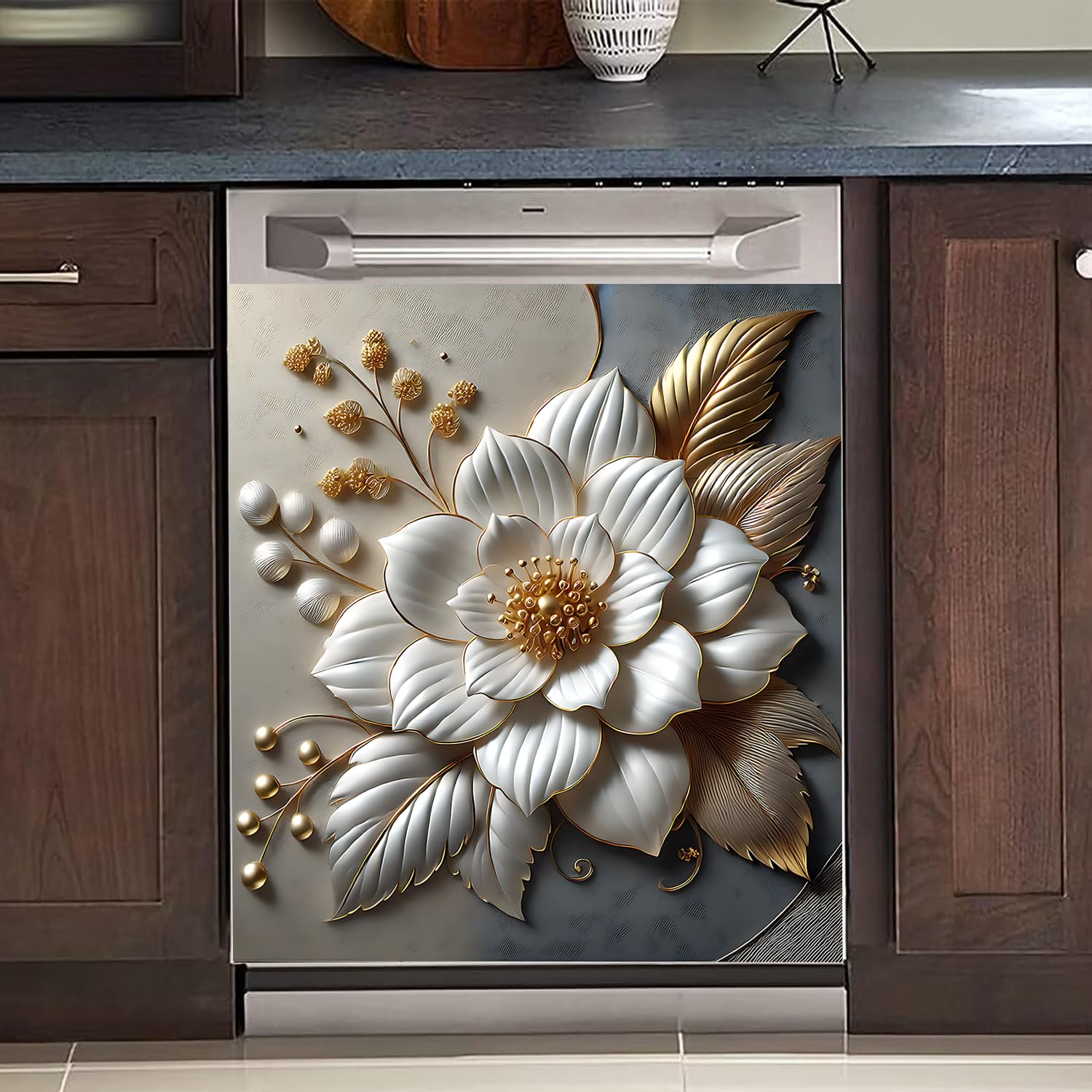 BVBOX Dishwasher Magnet Cover 23"x26", Reusable Magnetic Refrigerator Covers, Dishwasher Magnets Decorative Cover Fridge Door Skin Panel Stickers for Home Kitchen Appliance,Metal Embossed Flowers