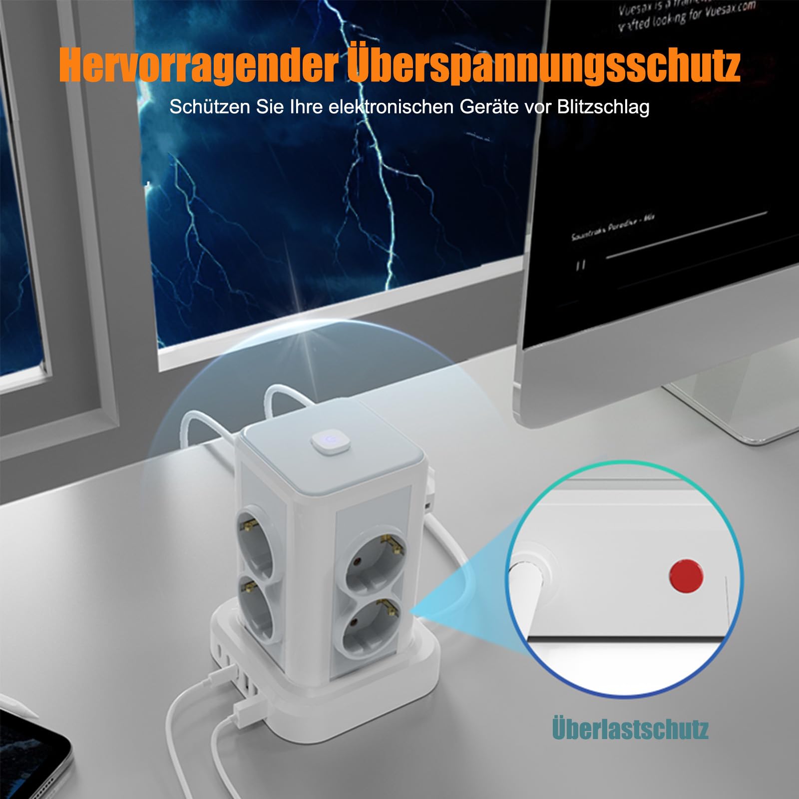Regleta con USB 8 compartimentos, AOUOO Regleta múltiple con interruptor, 4000 W, 16 A, protección contra sobretensiones, torre de enchufe, cable alargador de 2 m para casa, oficina, cocina, cable de