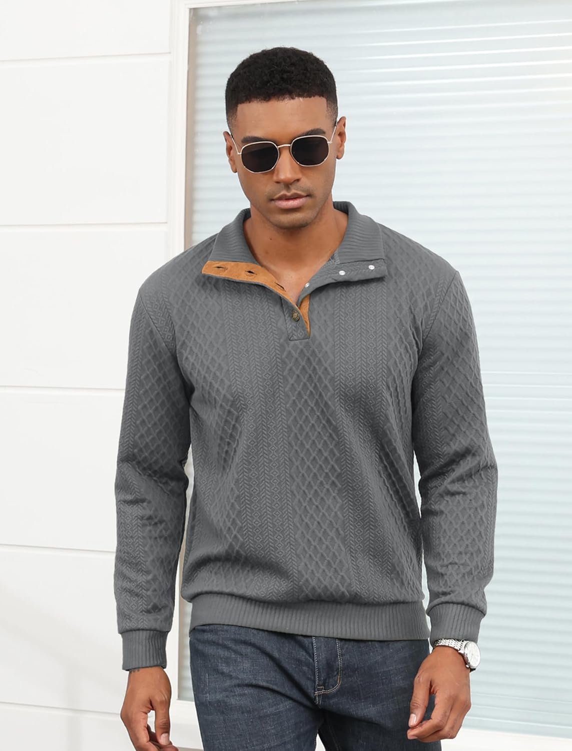 Lexiart Mens Casual Knitted Pullover Sweater Long Sleeve Stand Collar Vintage Button Sweaters with Elbow Patches - Image 6