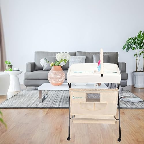 Miniatura 8 de Palomacleo Cambiador portátil para bebé, cambiador de pañales impermeable con ruedas, estación de pañales plegable de altura ajustable con cinturón