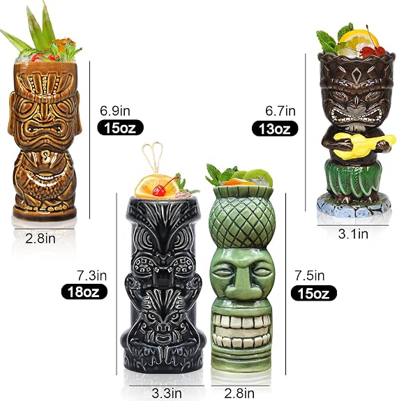 SuproBarware Tiki Glasses for Cocktails Mugs Set of 4 Ceramic Party Cups Bar Decor Creative Large Hawaiian Drinking Bar Decorations Vintage Tropical Drinkware Barware 4 Packs