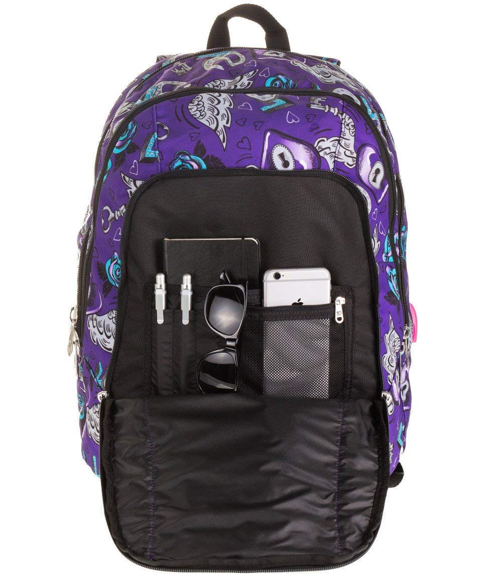 ZAINO SCUOLA SEVEN New Advanced Keys Supporto USB viola cuori ragazza + ASTUCCIO 3 PIANI COMPLETO + astuccio 3 piani completo zip + portachave paillettes + omaggio 10 penne colorate