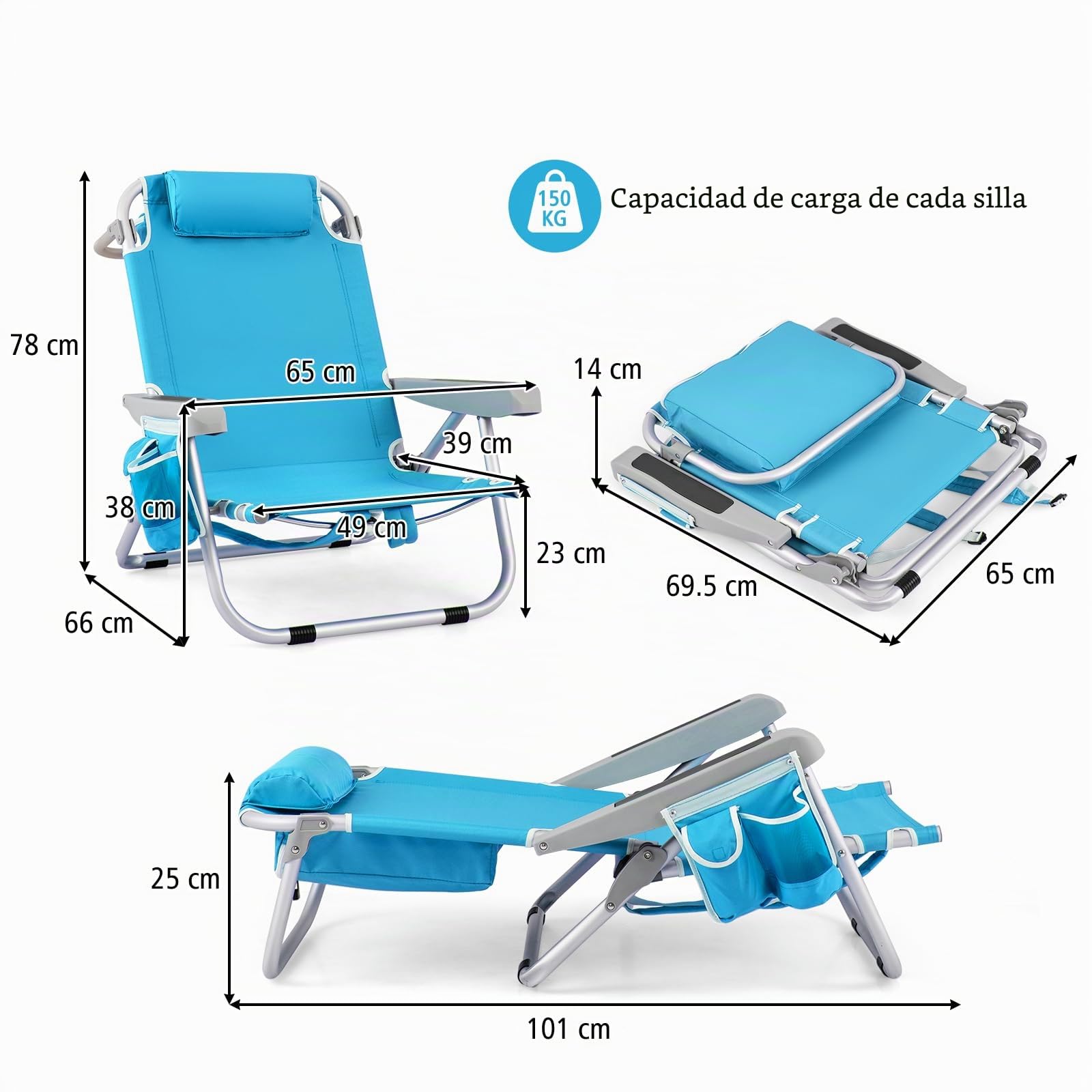 KOMFOTTEU Silla de Playa Plegable, Silla de Camping con Respaldo Ajustable en 5 Posiciones, Silla Portátil con Reposacabezas, Tumbona con Bolsillo Lateral, Carga de 150 kg (Azul x 1)