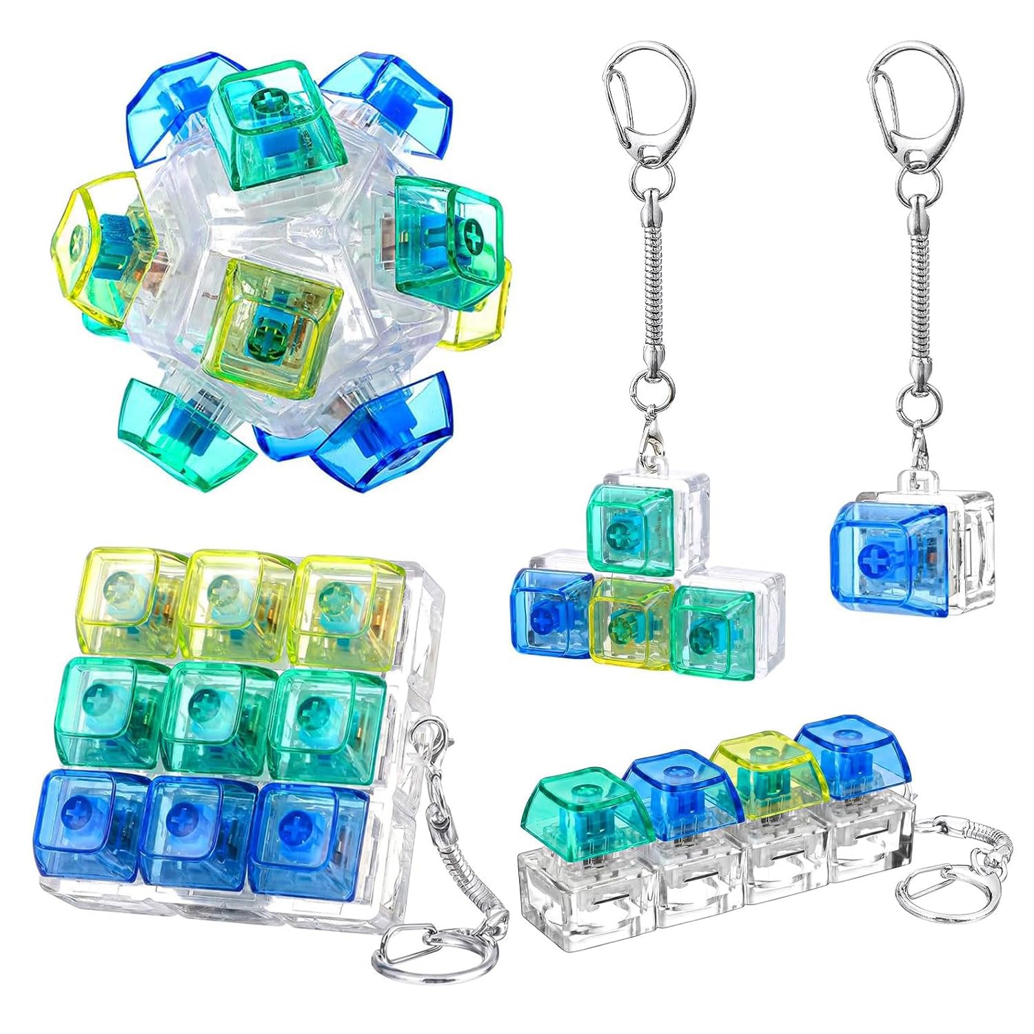 5 Pack Keyboard Fidget Keychain Mechanical Switch Fidgets Click Stress Relief, Blue Green Gradient Keycap Fidget Keyring for Adults Office Desk