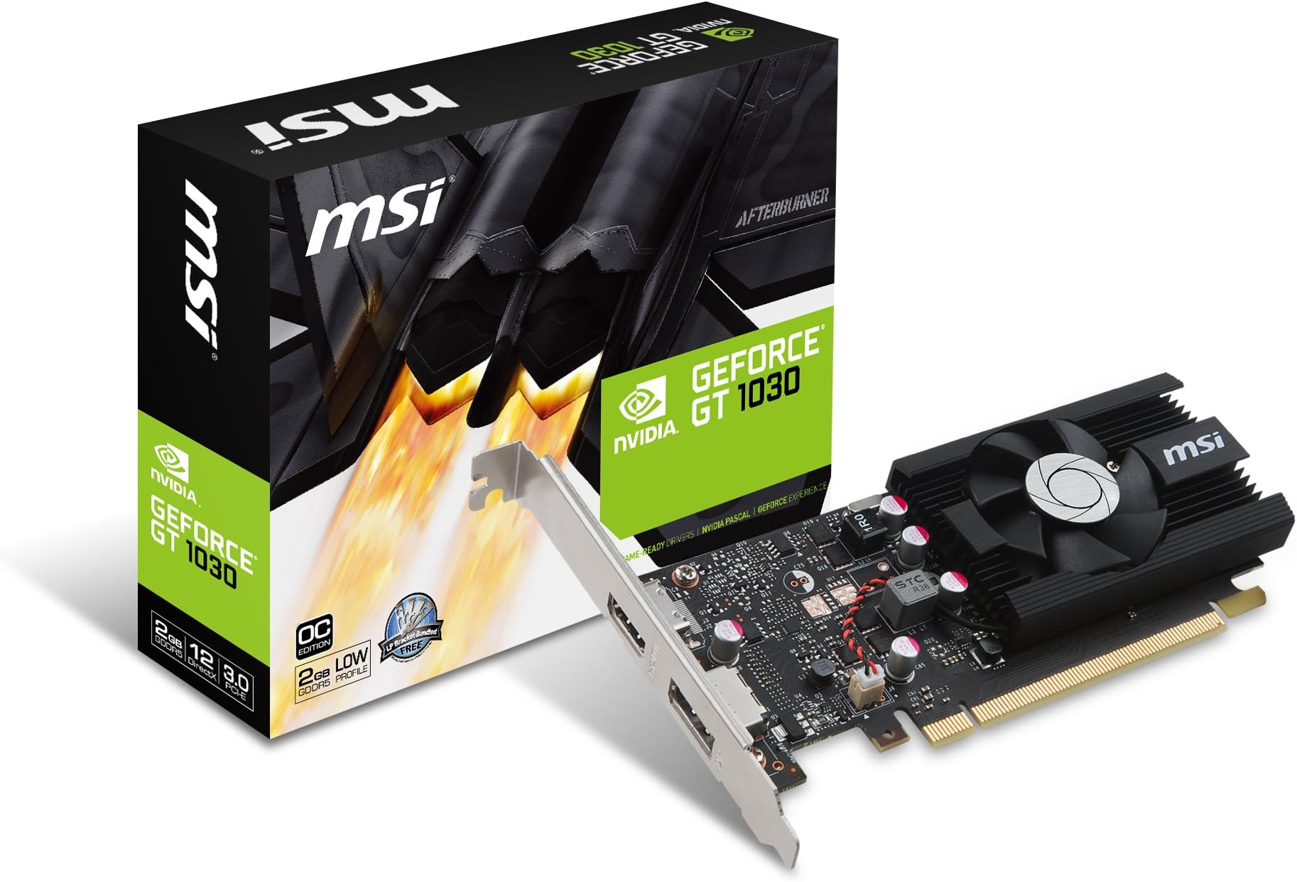 MSI GEFORCE GT 1030 2G LP OC Graphics Card '2 GB GDDR5, 1x DisplayPort, 1x HDMI, Boost Clock 1518MHz, Base Clock 1265MHz, Low Profile design, HTPC, Single Fan Cooling System, NVIDIA'