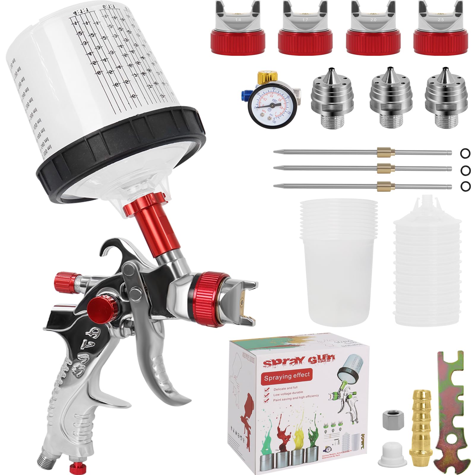Pistolet peinture HVLP anti coulure à gravité avec buses interchangeables