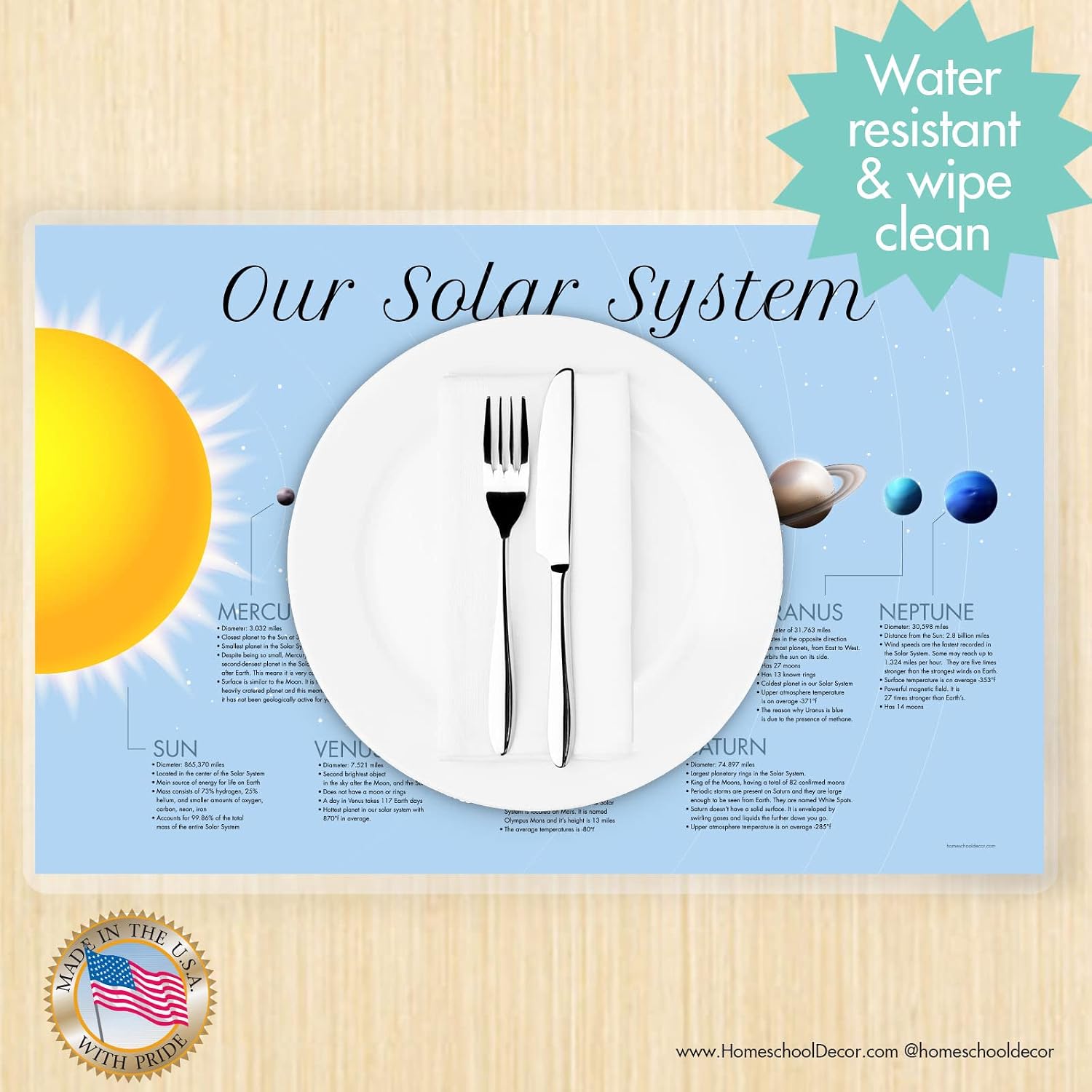 Educational Kids Placemats for Dining Table and Classroom Days, Months & Weather, Sight words, Alphabet & USA map, durable plastic Set of 3