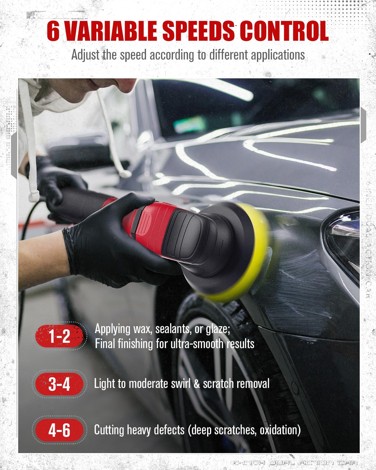 AVID POWER Pulidora orbital de doble acción para coche, pulidora orbital de 6 pulgadas para detalles de automóviles con 6 velocidades variables, mango desmontable y 3 almohadillas de pulido