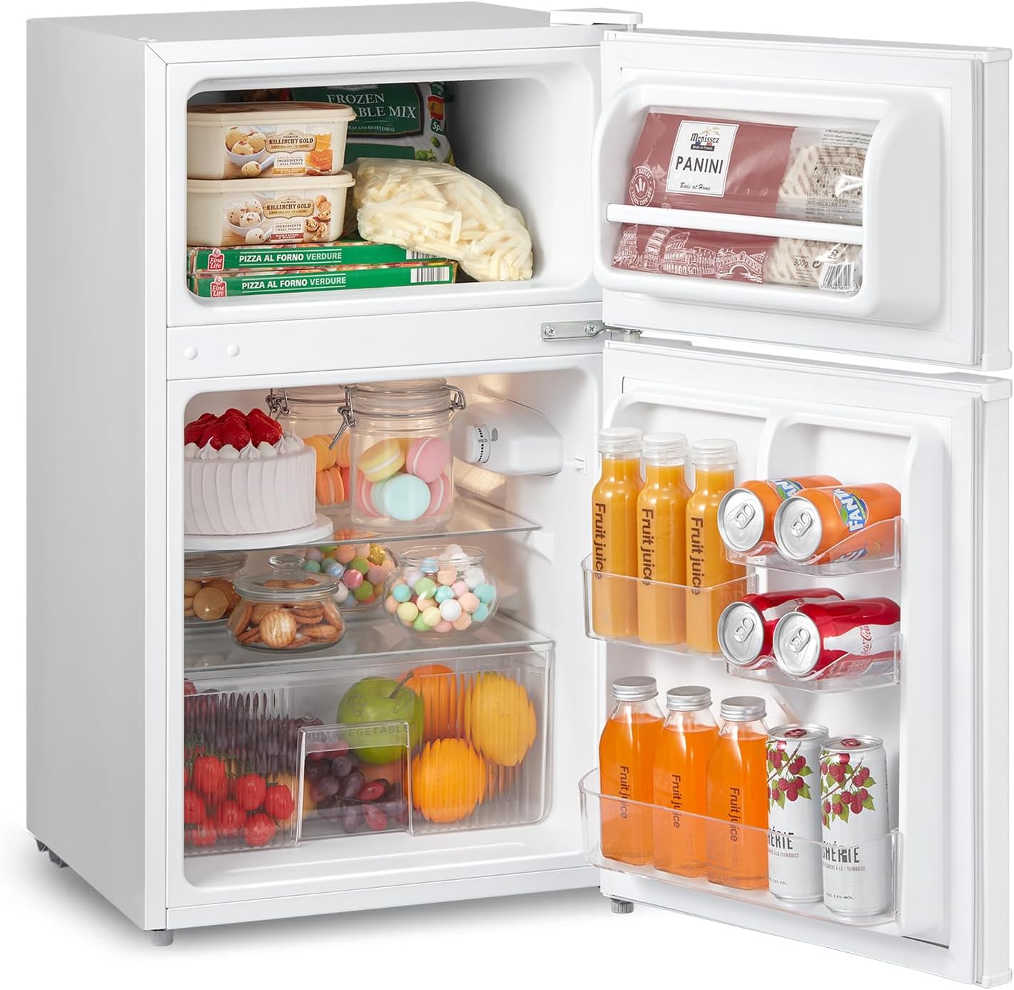 COMFEE' RCT87WH2(E) Under Counter Fridge Freezer, 87L Small Fridge Freezer with Light, Removable Shelves, Adjustable Thermostats, Reversible Doors, White